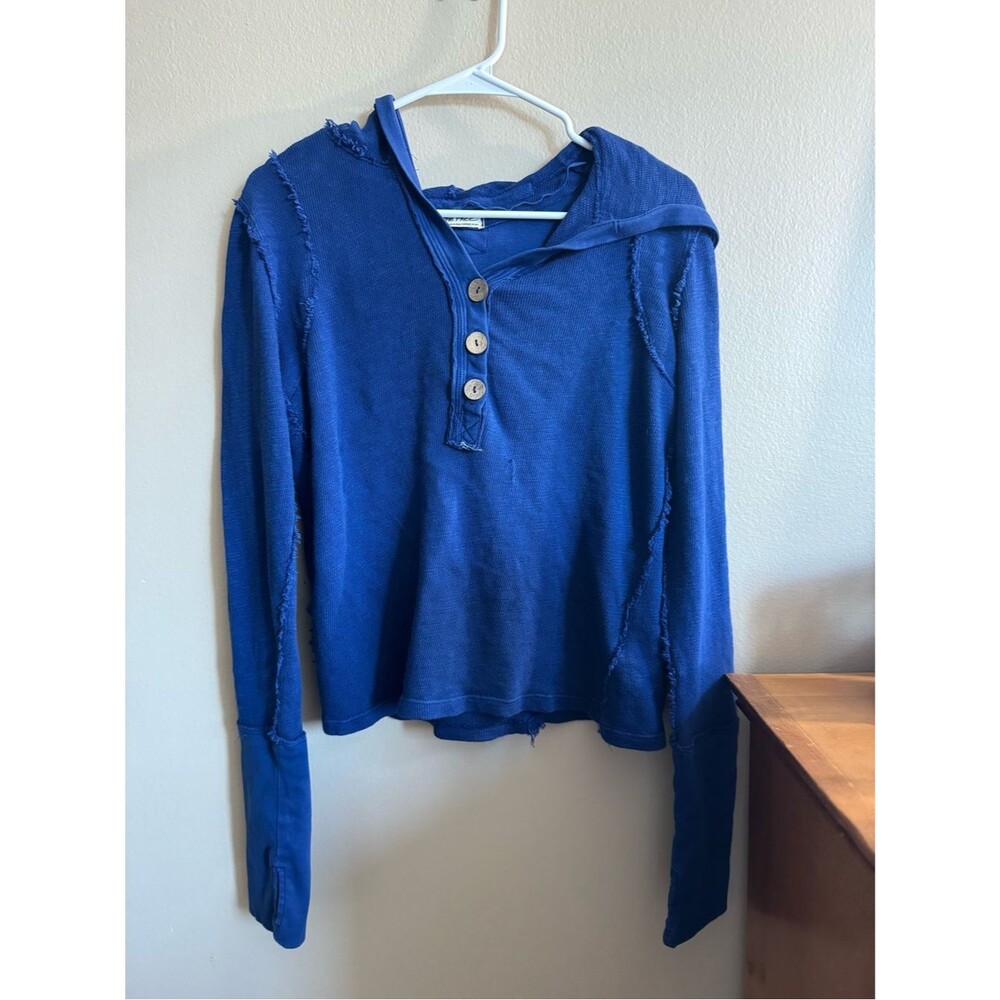 Free People We The Free Adventurer Blue Henley Hoodie Top Size Large